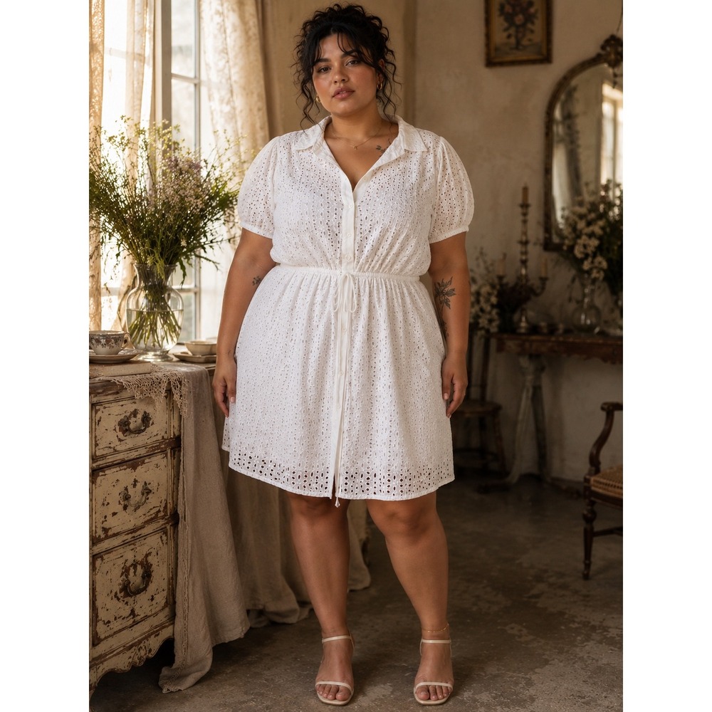 Fashion To Figure Eyelet Shirt Dress Womens 2 White High Low Back Cutout Cotton